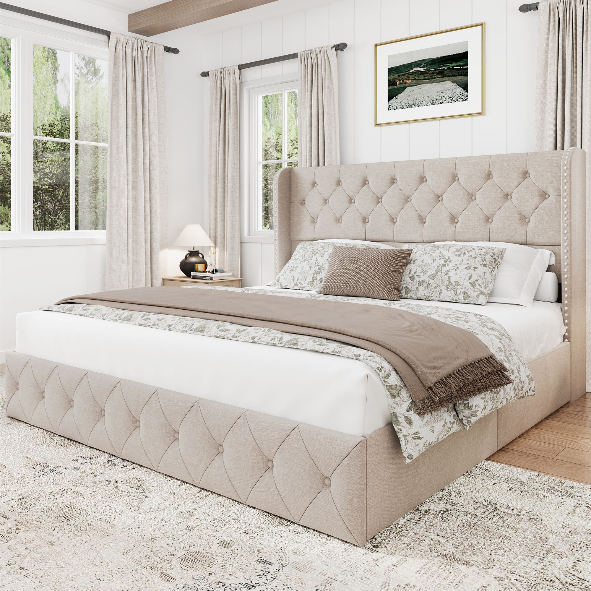 Khoi Upholstered Platform Storage Bed House of Hampton Color Beige Size King